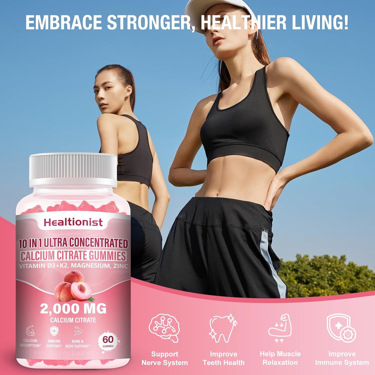 2 Packs 2000mg Calcium Citrate with Vitamin D3 K2 Supplements Gummies for Women & Men, Magnesium, Zinc, High Absorption, Bone, Muscle & Immune Support, 120 Counts Peach Flavor Gummies