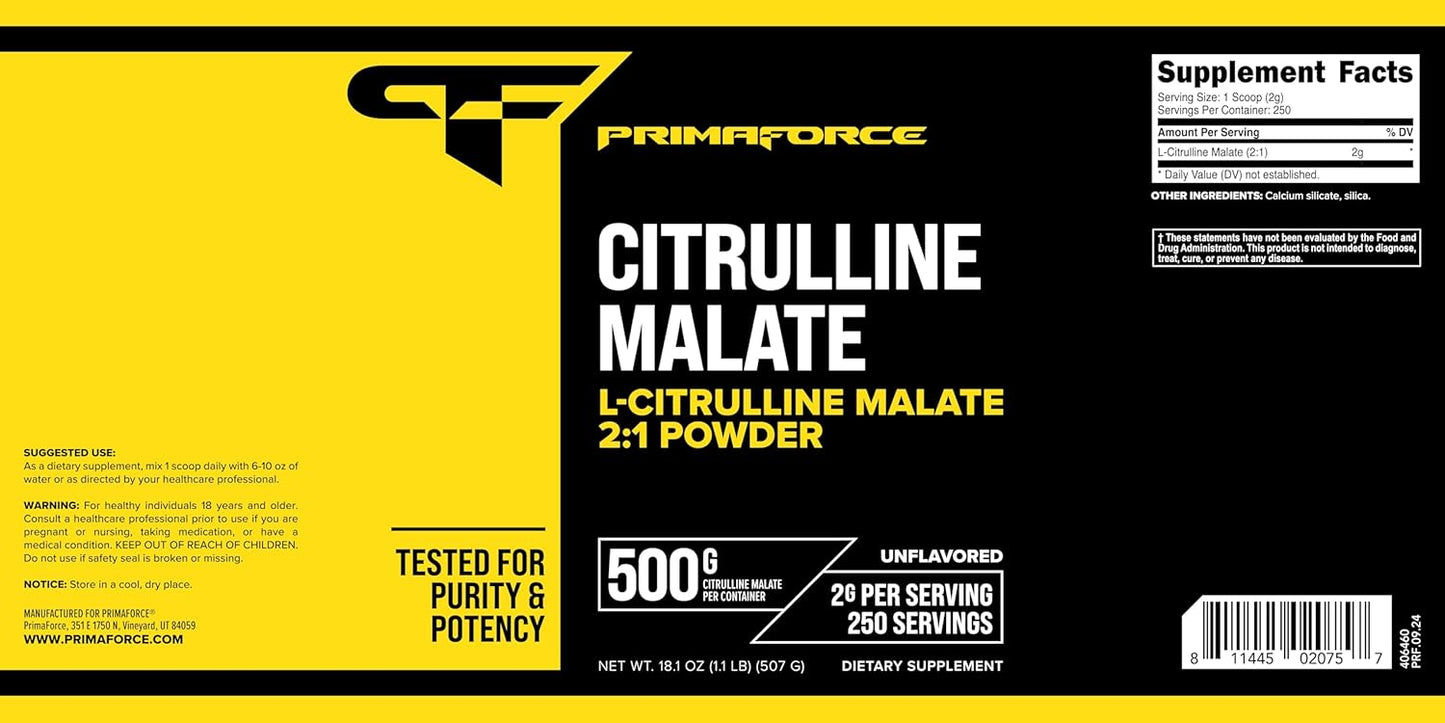 PrimaForce L-Citrulline Malate Powder, Unflavored, 500 Grams - Vegan, Non-GMO