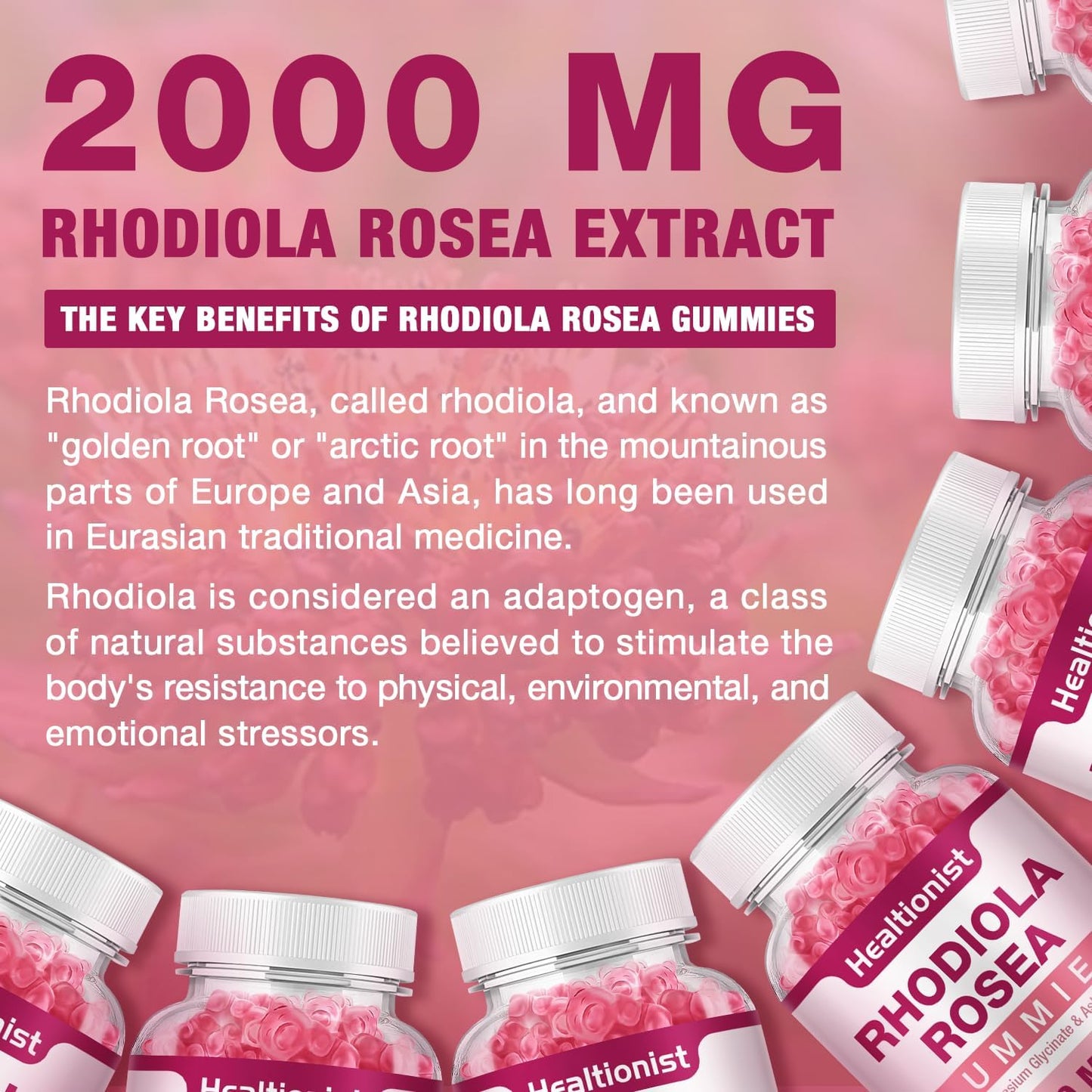 2 Packs Sugar-Free Rhodiola Rosea Gummies Adaptogenic Rhodiola Rosea Supplement & Cortisol Blocker for Performance, Stamina, Mood & Motivation - Non-GMO, 120 Vegan Chews