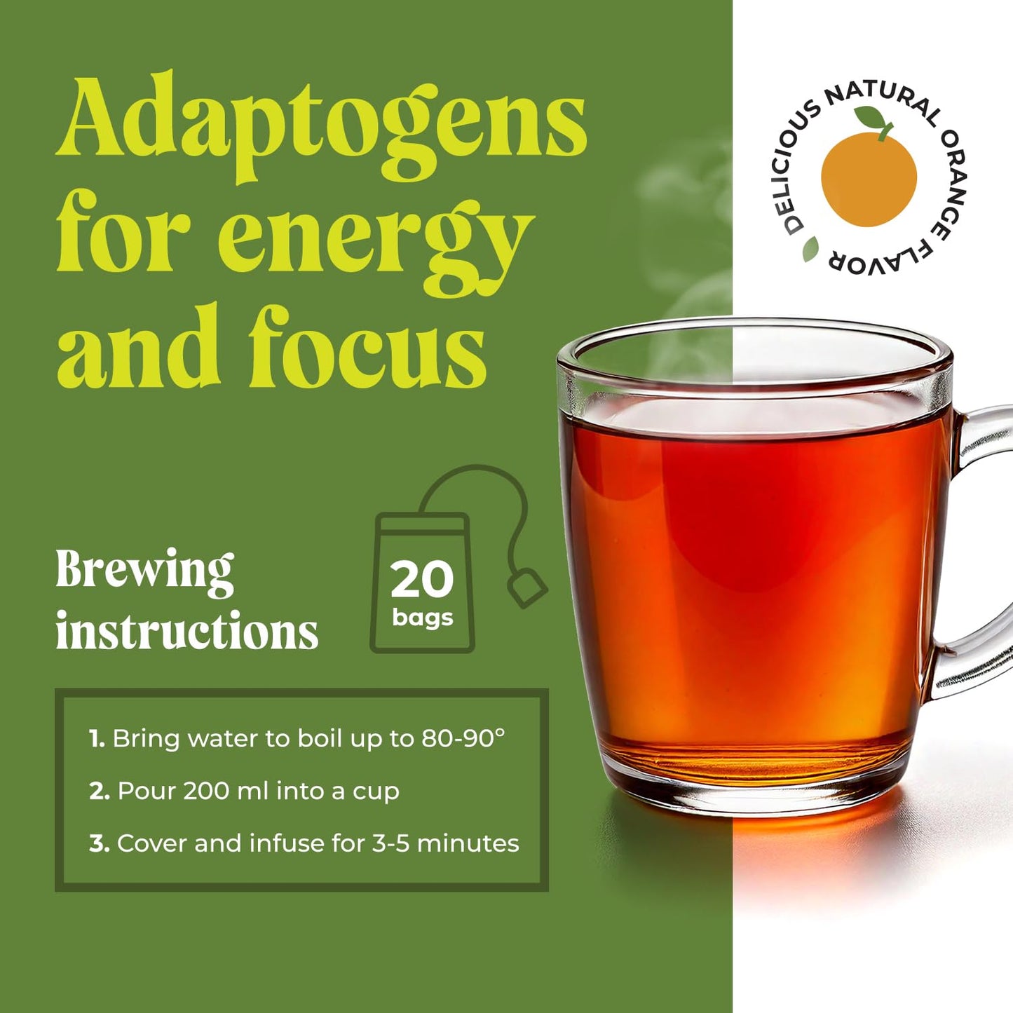 20 in 1 Mushroom Tea with Lion’s Mane, Ashwagandha, Cordyceps, Reishi, Chaga, Ginkgo Biloba, Green Tea for Better Energy and Focus - Caffeine Free Adaptogenic Tea for Wellness - 20 Tea Bags