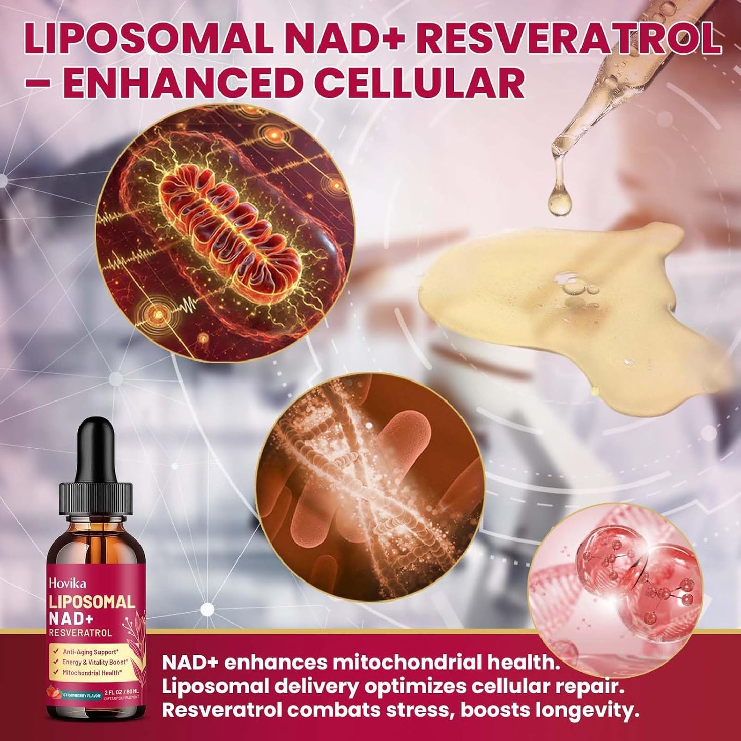 Liposomal NAD Supplement - 1200mg NAD+ Liquid Drops for Women & Men with Resveratrol, Black Pepper Extract - Support Anti-Aging, Brain & Cellular Mitochondrial Health - 2 Fl Oz, Strawberry Flavor