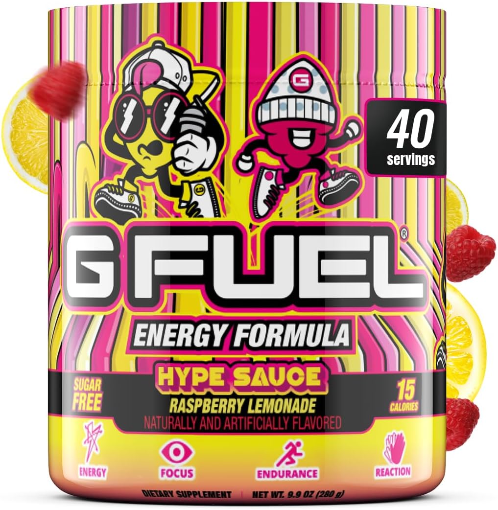 G Fuel Hype Sauce Energy Drink Powder, Pre Workout Caffeine Mix for Gaming, Sugar Free Focus Amino, Vitamin + Antioxidants, 9.9oz (Raspberry Lemonade, 40 Servings)