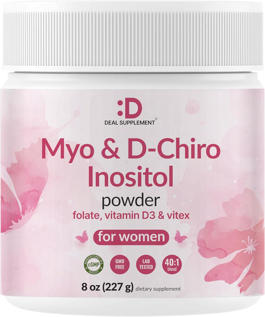 Myo-Inositol & D-Chiro Inositol Supplement for Women (40:1) | 2,050mg Per Serving | 8oz Powder | with Methylfolate, Vitamin D3, & Vitex | Hormonal Balance & Cycle Support | Non-GMO