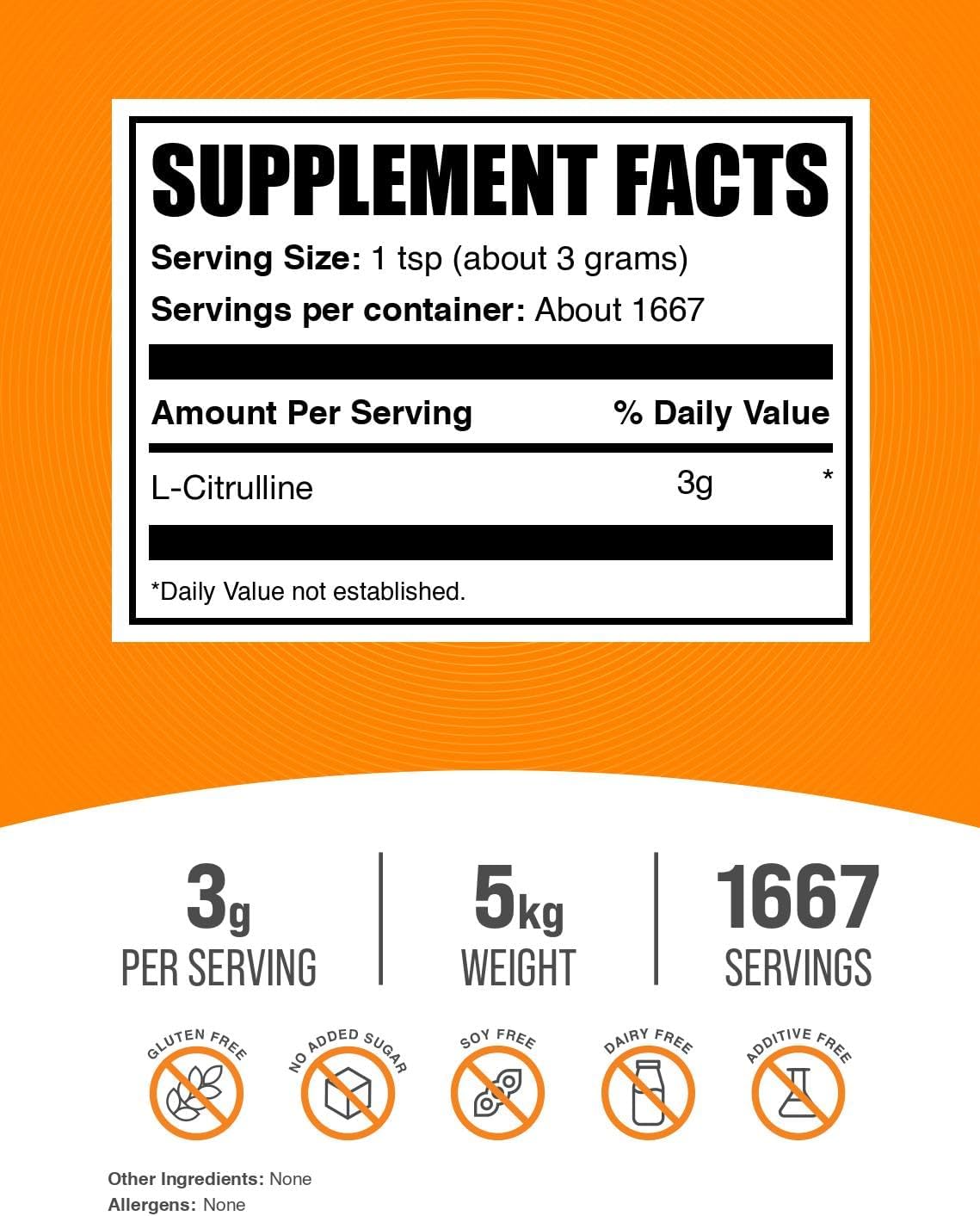 BulkSupplements.com L-Citrulline Powder - Citrulline Supplement, Nitric Oxide Supplement - Unflavored & Gluten Free - 3g per Servings, 1kg (Pack of 5) (11 lbs)