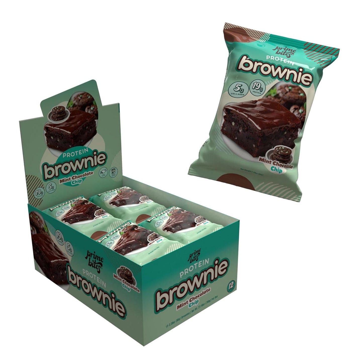 Prime Bites Protein Brownie from Alpha Prime Supplements | High Protein, Collagen Fortified Low Sugar Treat | Delicious Snack | 12 Bars per Box (Mint Chocolate Chip)