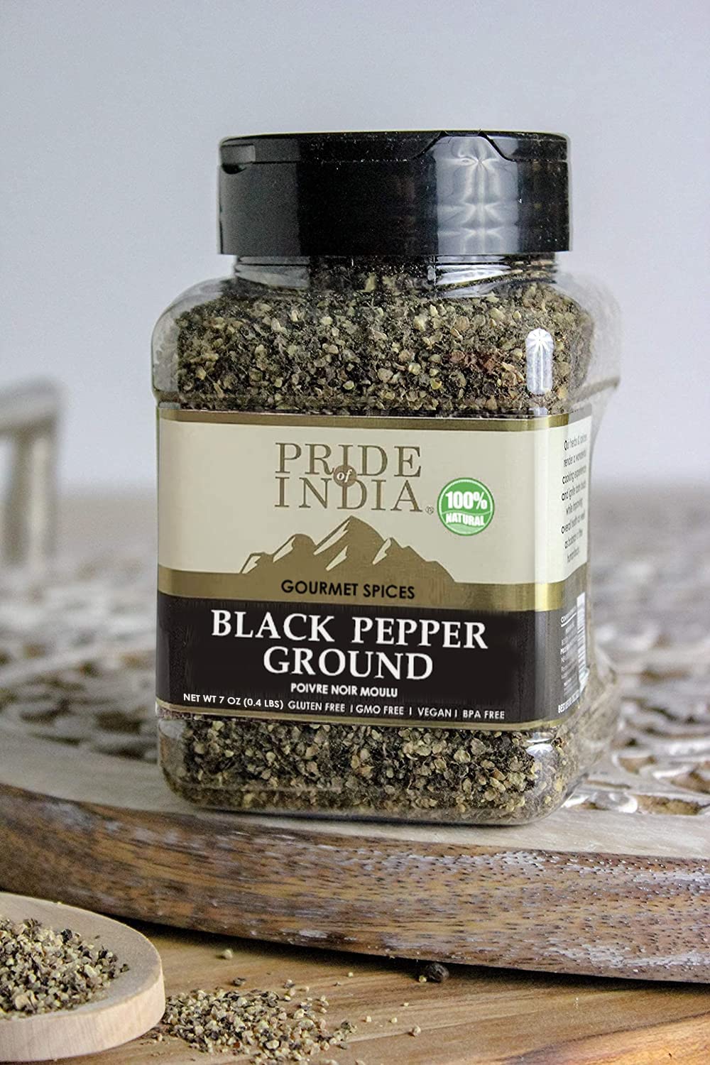Pride of India - PACK of 6 - Black Pepper Ground – Ideal for Gourmet Dishes/Soups/Stews/Rubs – Fresh & Preservatives Free – Warming Spice – Easy to Store – 7oz. Medium Dual Sifter Jar