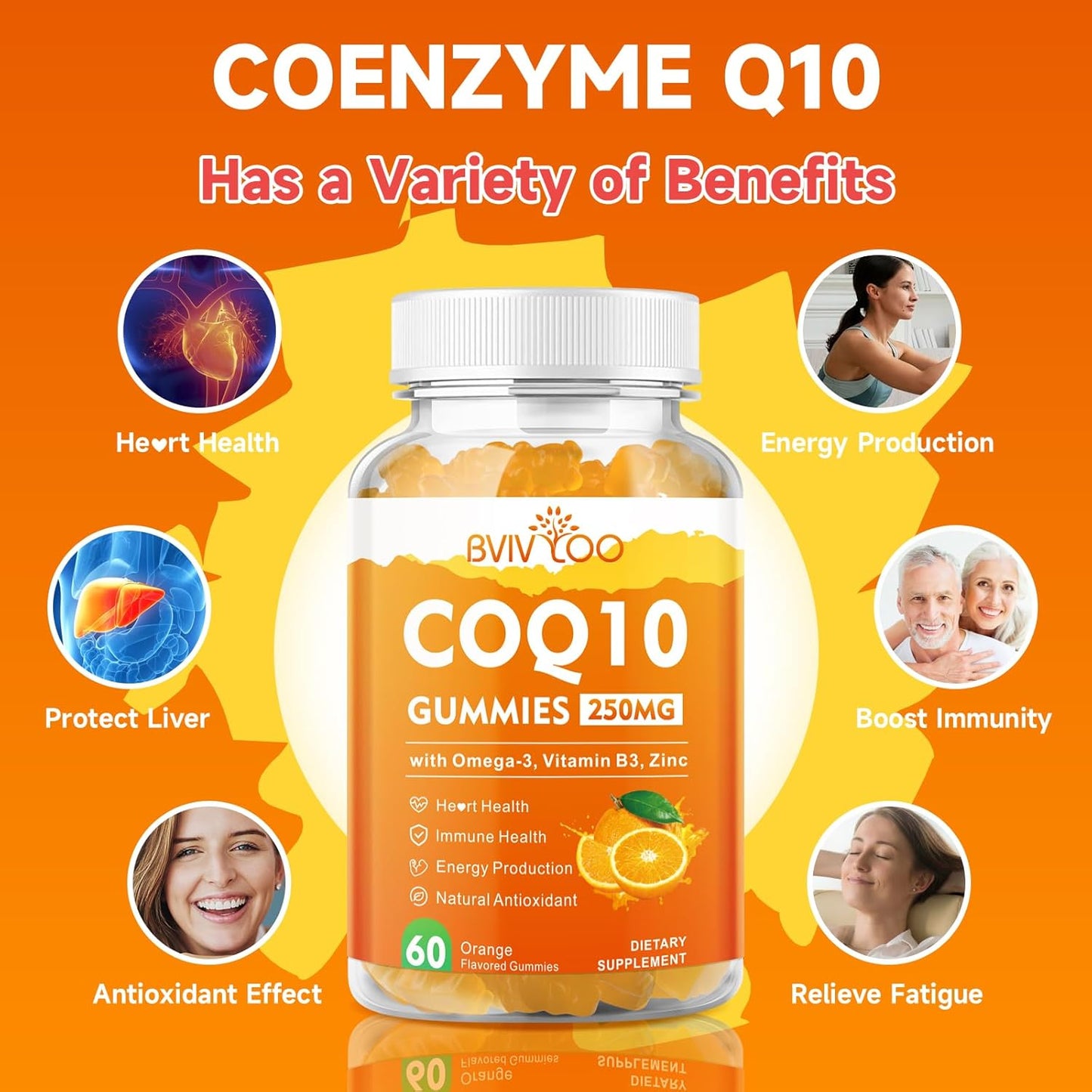 2 Packs CoQ10 Gummies 250mg, Plus Omega-3, Vitamin B3 & Zinc, Magnesium - High Absorption Coenzyme Q10 Supplements for Heart Health, Cellular Energy, & Antioxidant Support, 120 Count