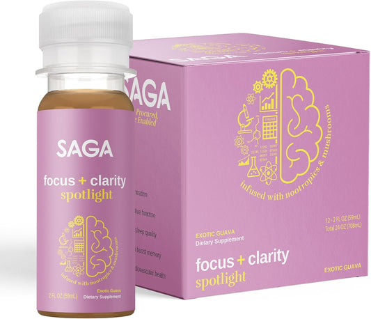 SAGA Organic Focus Shots | Contains Nootropics, Adaptogens, & Mushrooms - Bacopa & Ashwagandha | High Bioavailability & Fast Onset | No Jitters & Boosts Productivity | Exotic Guava 2oz Shots(12-Pack)