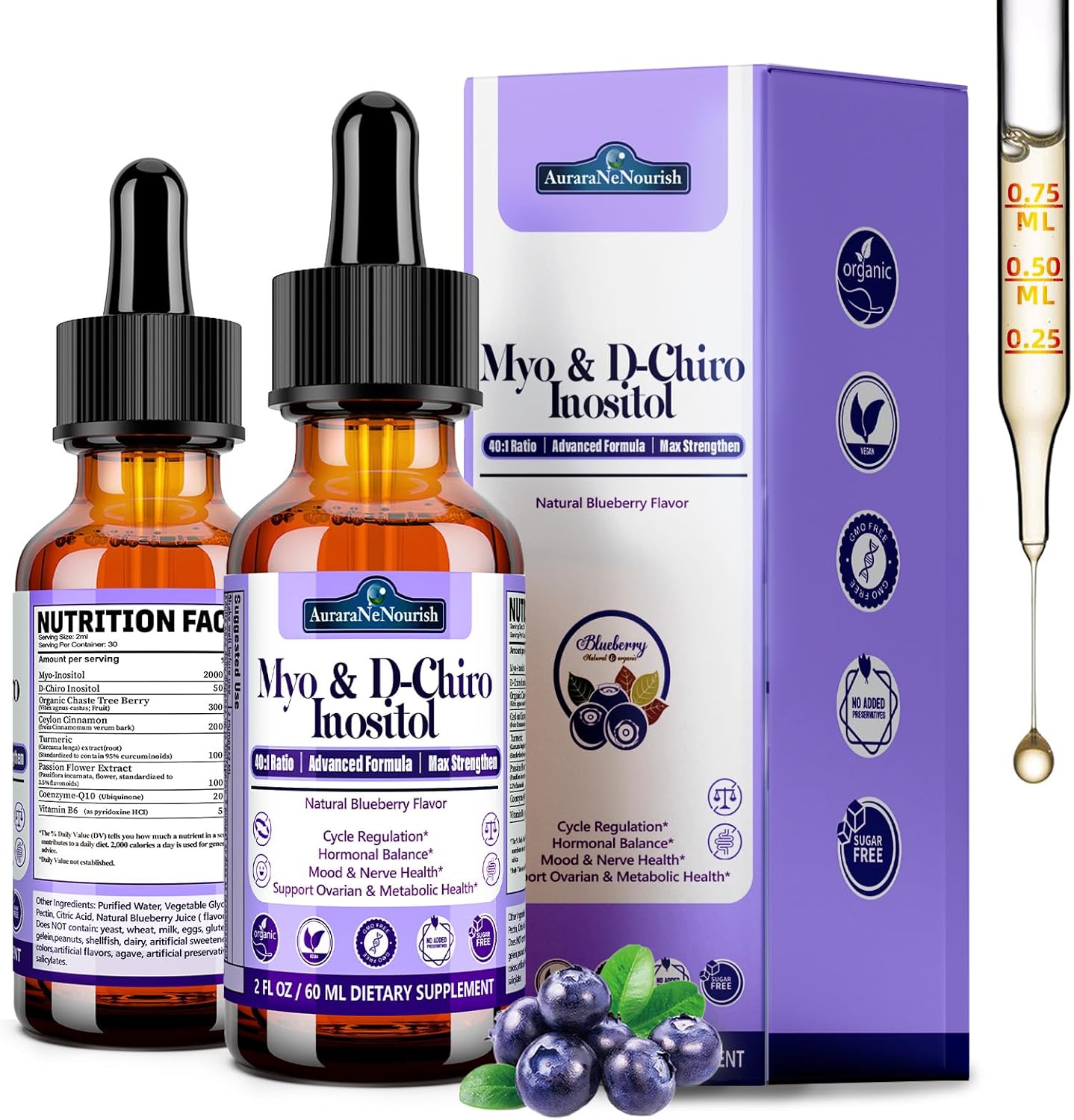 2 Pack Myo-Inositol & D-Chiro Inositol Supplement for Women Drops, Ideal 40:1 Ratio w. Organic Chaste Tree Berry, Ceylon Cinnamon Support Hormonal Balance & Ovarian, Cycle Regulation, Mood, Nerve