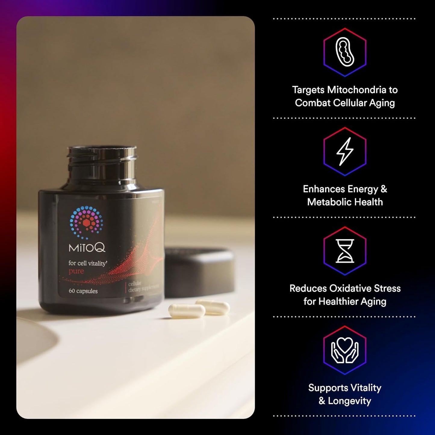 MitoQ Pure Advanced Mitochondria Supplement Superior Bioavailability to CoQ10 | Reduces Free Radical Damage for Healthy Aging, Metabolism, Heart Health, Energy, Strength & Mobility