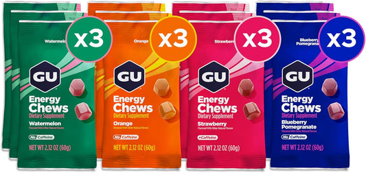 GU Energy Chews, Variety Pack Energy Gummies with Electrolytes, Vegan, Gluten-Free, Kosher, Caffeine/Caffeine-Free, and Dairy-Free On-The-Go Energy for Any Workout, 12 Bags (24 Servings Total)