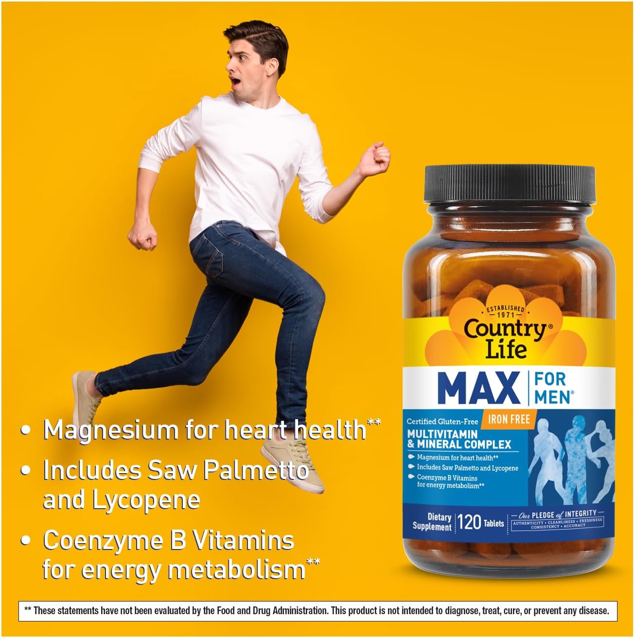Country Life Max for Men Multivitamin: Iron-Free, Gluten Free, Saw Palmetto, Lycopene, Daily Support for Energy, Heart & Men's Health,120 Vegetarian Tablets