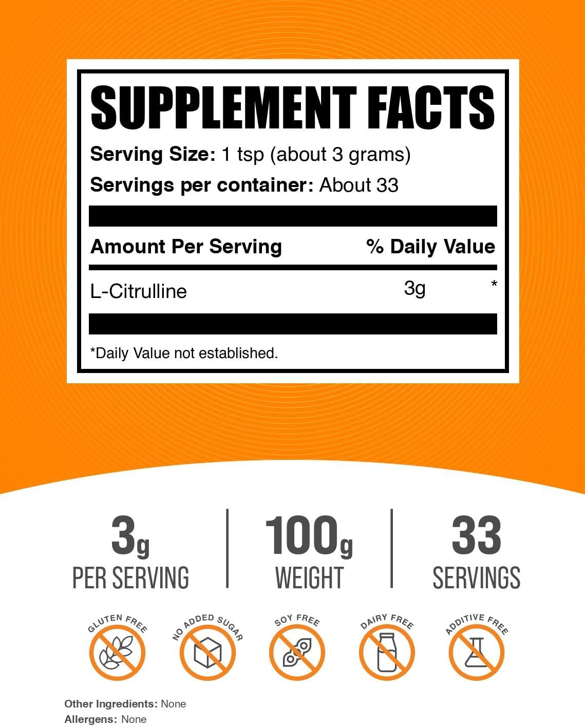 BulkSupplements.com L-Citrulline Powder - Citrulline Supplement, Nitric Oxide Supplement - Unflavored & Gluten Free - 3g per Servings, 100g (3.5 oz) (Pack of 1)