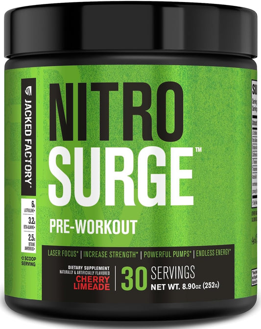 Jacked Factory NITROSURGE Pre Workout Supplement - Endless Energy, Instant Strength Gains, Clear Focus, Intense Pumps - NO Booster & Preworkout Powder with Beta Alanine - 30 Servings, Cherry Limeade