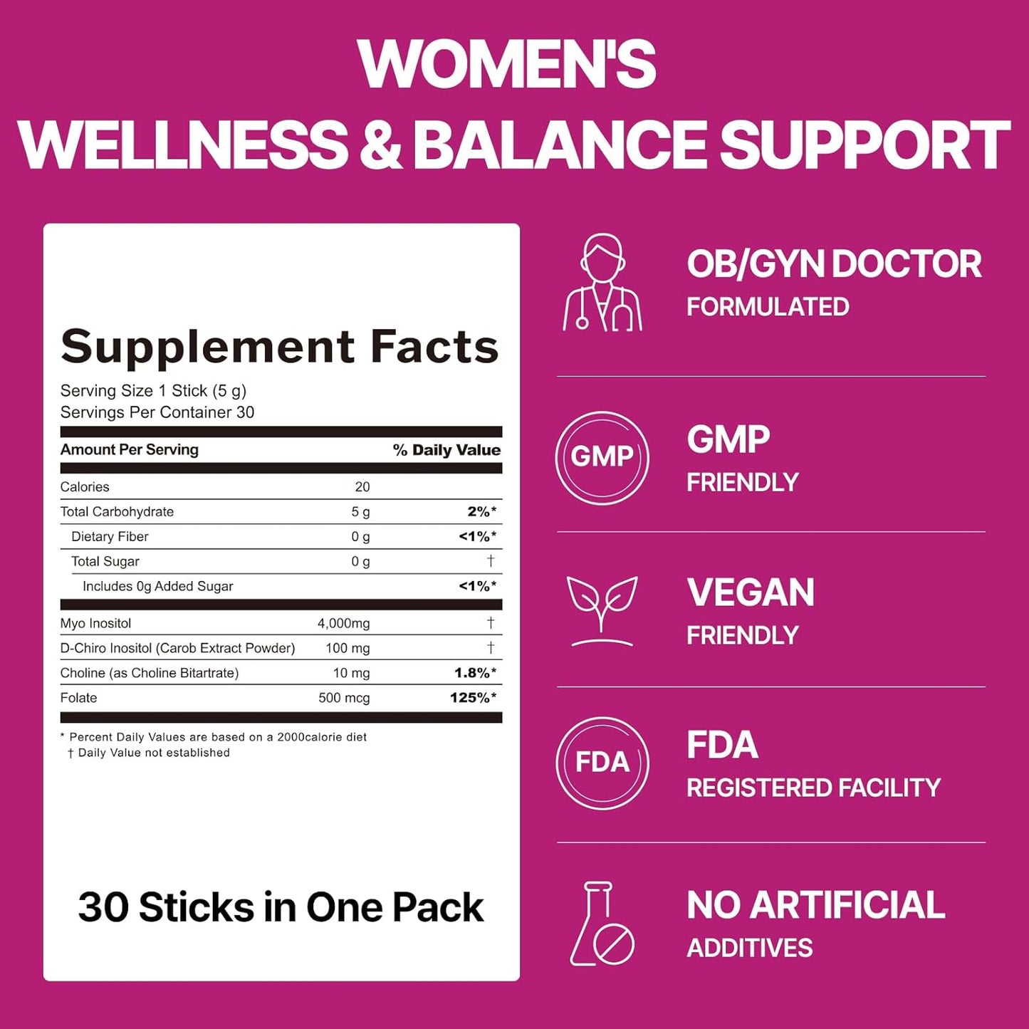 Balance Up Myo-Inositol & D-Chiro Inositol | 40:1 with Folate & Choline Hormone & Reproductive Health for Women| On-The-Go Powder Stick Supplement| Lemon Lime Flavor 30 Single-Serve Sticks