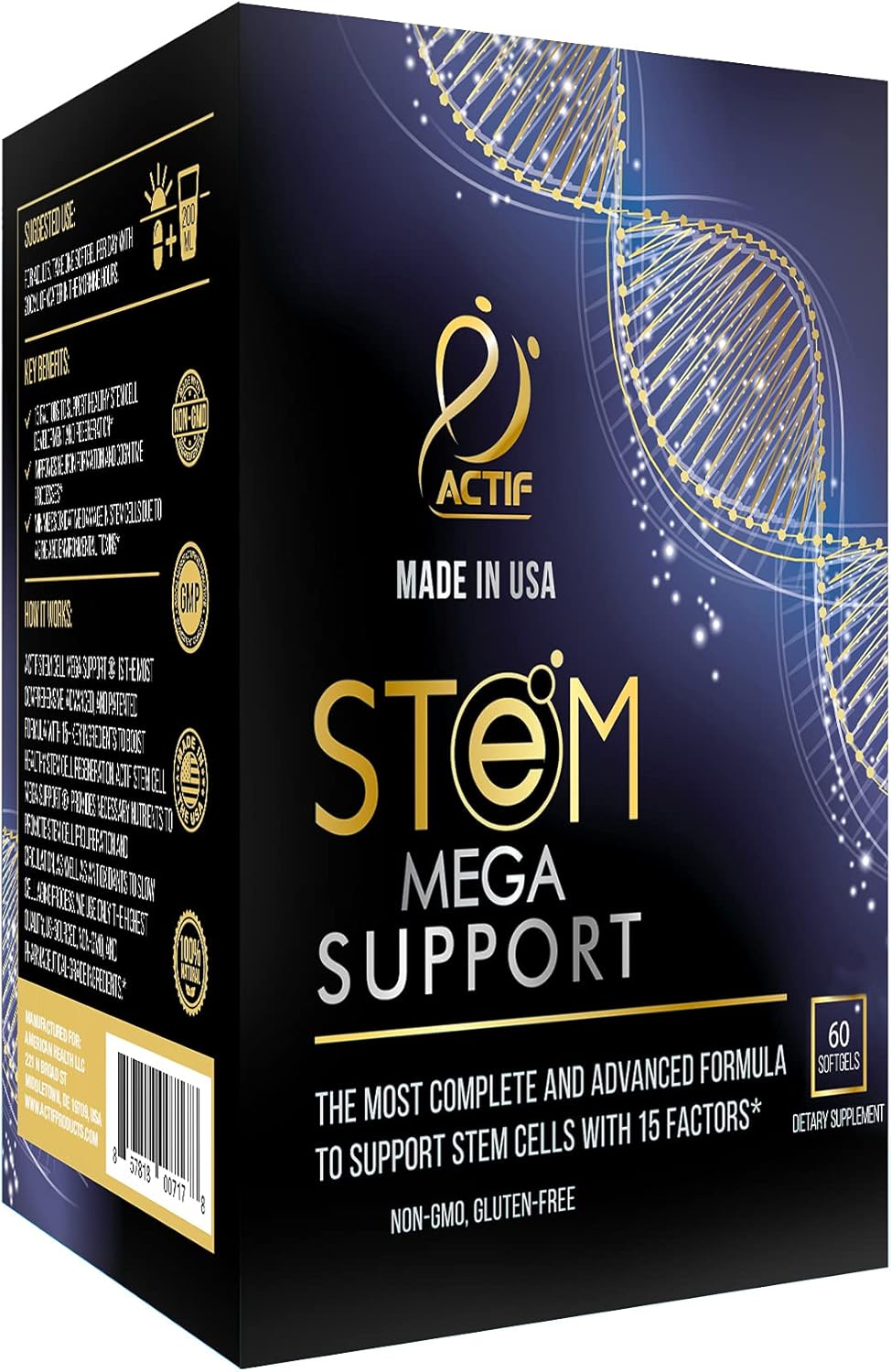 ACTIF Stem Cell Mega Support with 15 Factors - Non-GMO, 2 Month Supply, Made in USA