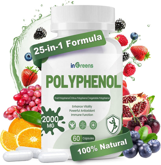 25-in-1 Polyphenols Supplement, 2000MG Powerful Antioxidants & Polyphenol for Age Defense, Polyphenol Superfood, Quercetin, Resveratrol, Plant-Based & Energy, Immune Support, 60 Capsules