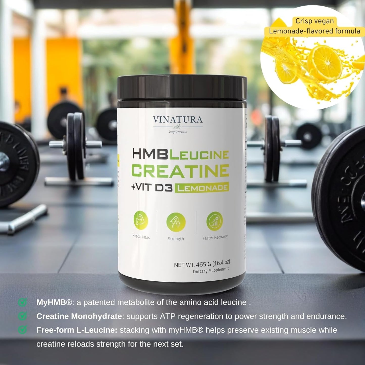 HMB Creatine Leucine Powder - 5g Creatine Monohydrate, 3g HMB Supplement, 3g L-Leucine - Vitamin D3, Vegan Lemonade Flavor, Muscle & Strength Support - 30 Servings