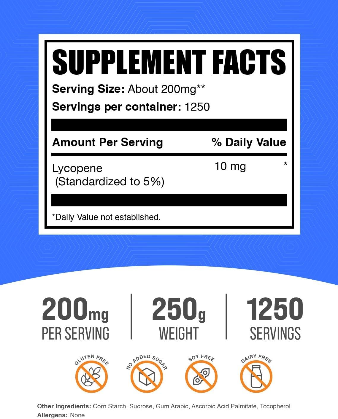 BulkSupplements.com Lycopene Powder - Lycopene Supplement, Lycopene 10mg - Antioxidants Supplement, Gluten Free, 200mg per Serving, 250g (8.8 oz) (Pack of 1)