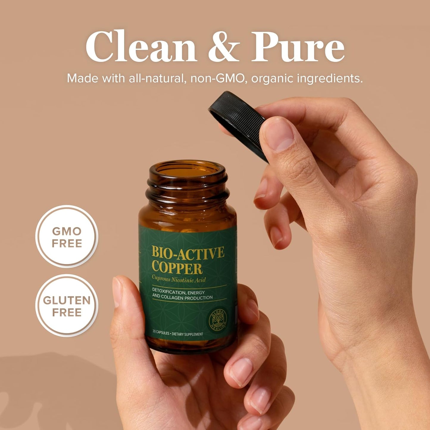 Global Healing Bio-Active Copper Supplement Cu1 - Cuprous Nicotinic Acid Helps Detox Body from Within - Supports Immune System & Red Blood Cell - Niacin Vitamin B3 Chelated Copper - 30 Capsules