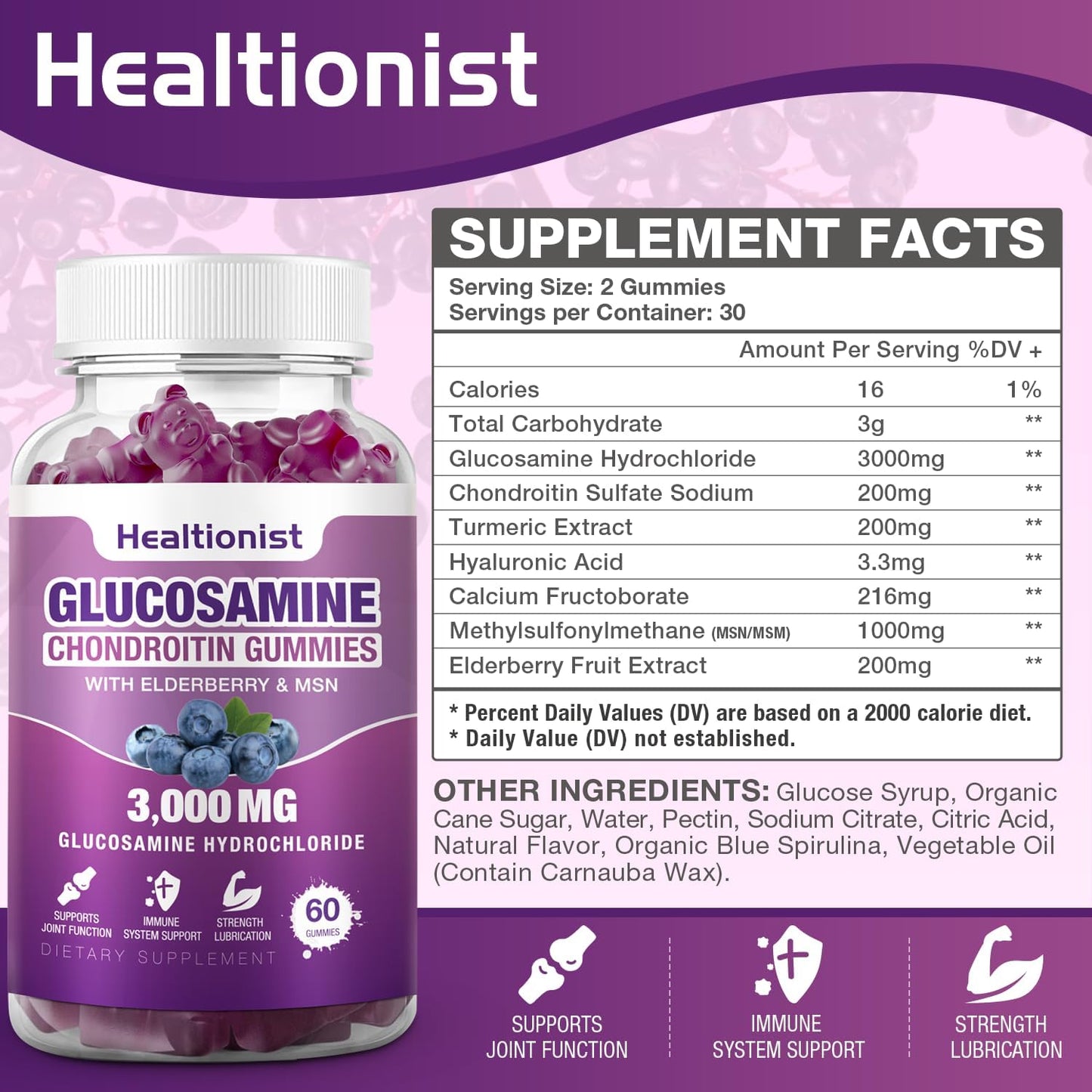 2 Packs 3000mg Glucosamine Chondroitin Gummies with MSM & Elderberry - Extra Strength Joint Health, Flexibility, Antioxidant Immune Support Supplement Gummy for Adults, Men & Women 120 Cts