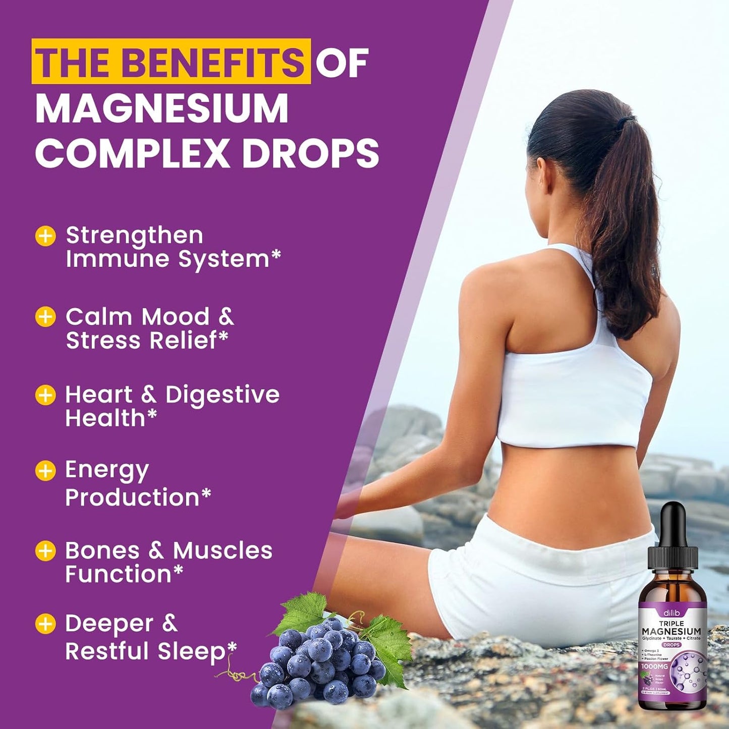 2 Pack Liquid Magnesium Glycinate Supplement, Calm Magnesium Citrate, Taurate Drops with Omega 3, Zinc, Ashwagandha, L-Theanine, Chamomile for Sleep, Mood, Stress Relief, Bone, Muscle, Grape Flavor