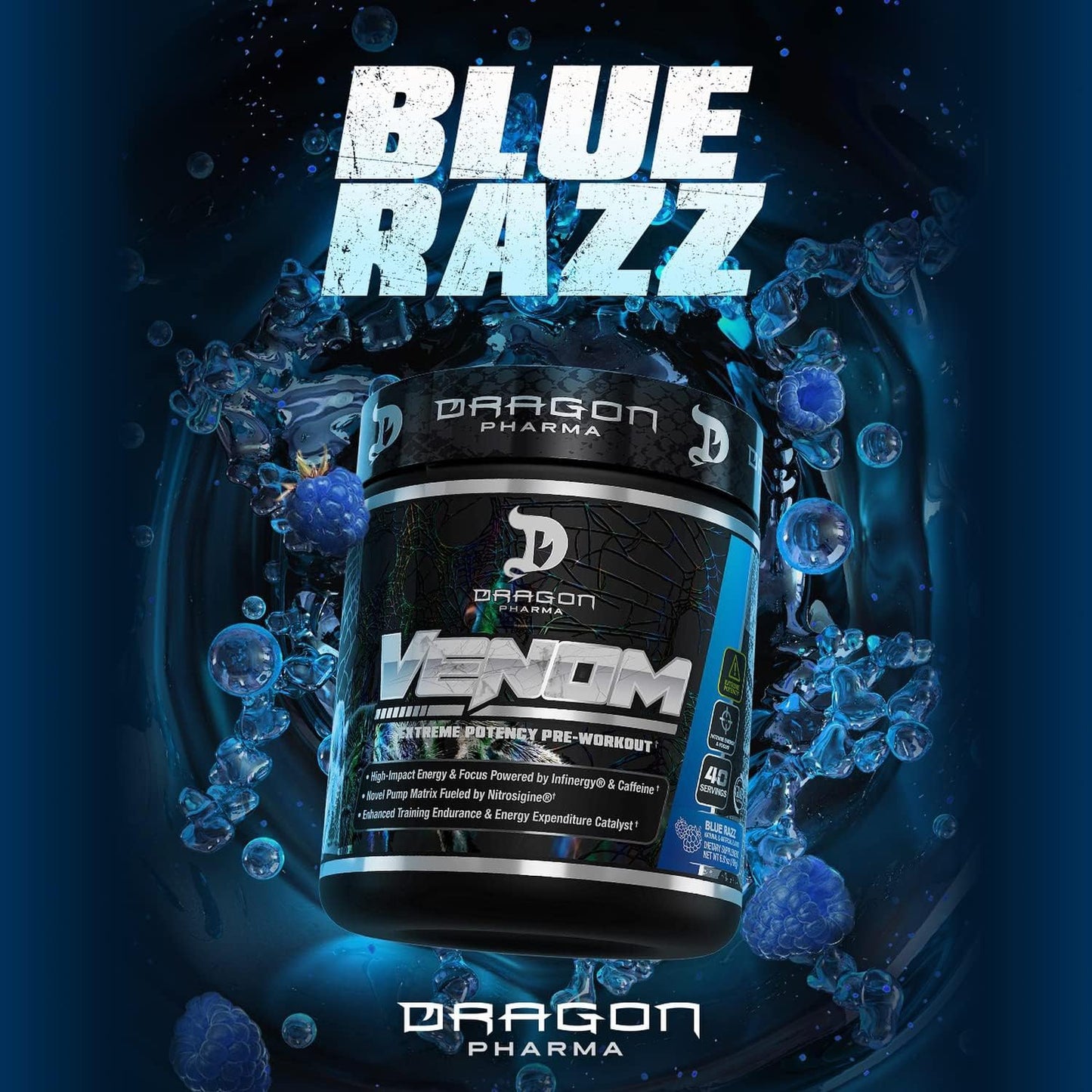 DRAGON PHARMA Venom Extreme Potency Pre-Workout, Laser Sharp Focus + Energy, Intense Performance, Proven Ingredients for Enhanced Vasodilation & Endurance (40 Servings, Blue Raspberry)