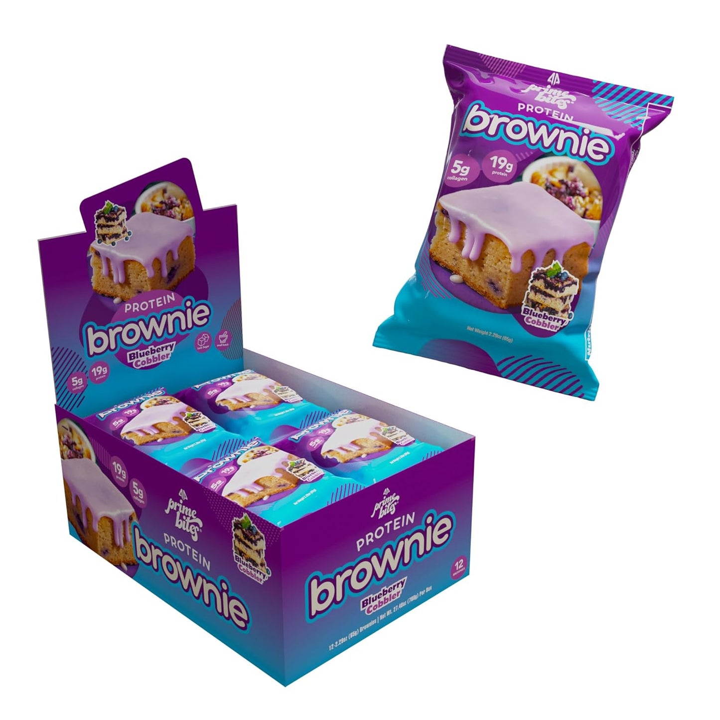 Prime Bites Protein Brownie from Alpha Prime Supplements | High Protein, Collagen Fortified Low Sugar Treat | Delicious Snack | 12 Bars per Box (Blueberry Cobbler)