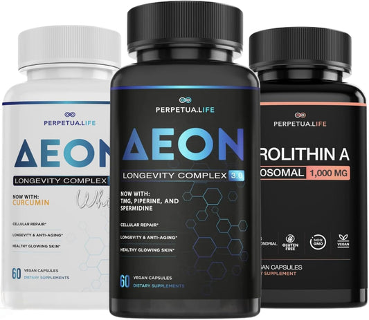 Longevity Bundle – Urolithin-A Liposomal 1000mg + AEON Liposomal NAD+ Complex with Resveratrol, Quercetin & Fisetin + AEON White with Curcumin, NR, AKG, Glycine & Taurine