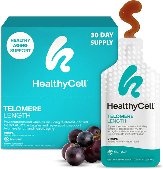 HealthyCell Telomere Length Supplement - Anti-Aging Telomere Lengthening Supplements with Phytonutrients & Vitamins for Cellular Health - AC-11, Astragalus & Resveratrol - 30 Gel Packs, Grape Flavored