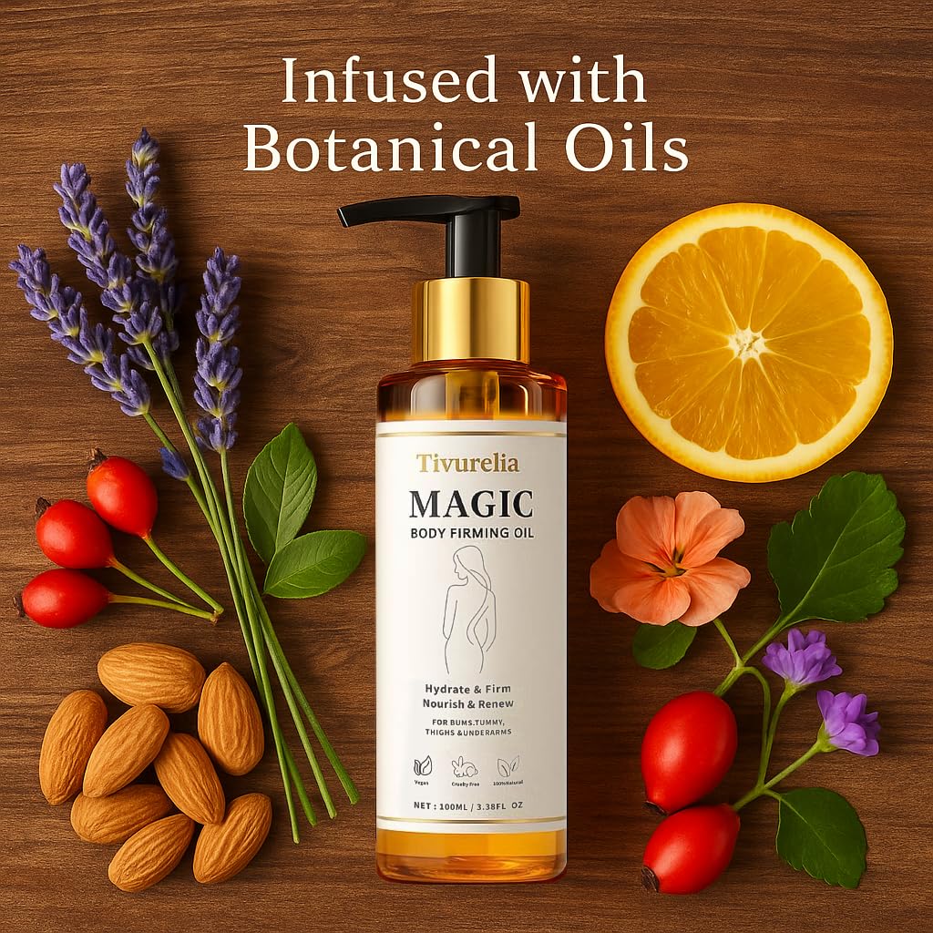 Magic Body Firming Oil – 50,000ppm Sweet Almond Oil + Rosehip & Evening Primrose Oils with Vitamin E & Essential Oils, Deep Hydration, Firming & Radiance, Lightweight Non-Greasy, 3.38 fl oz