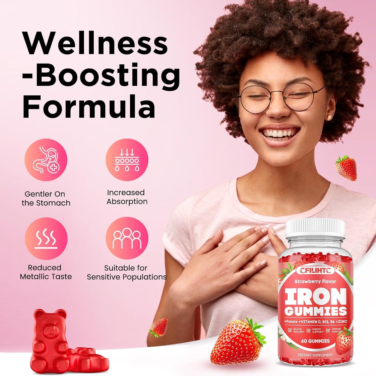 2 Pack Iron Gummies for Women & Men - Iron Supplement with Vitamin B6, B12, C, Zinc, Folate for Adults & Kids - Support Iron Deficiency, Anemia, Energy Boost, Blood Builder - Sugar Free Strawberry