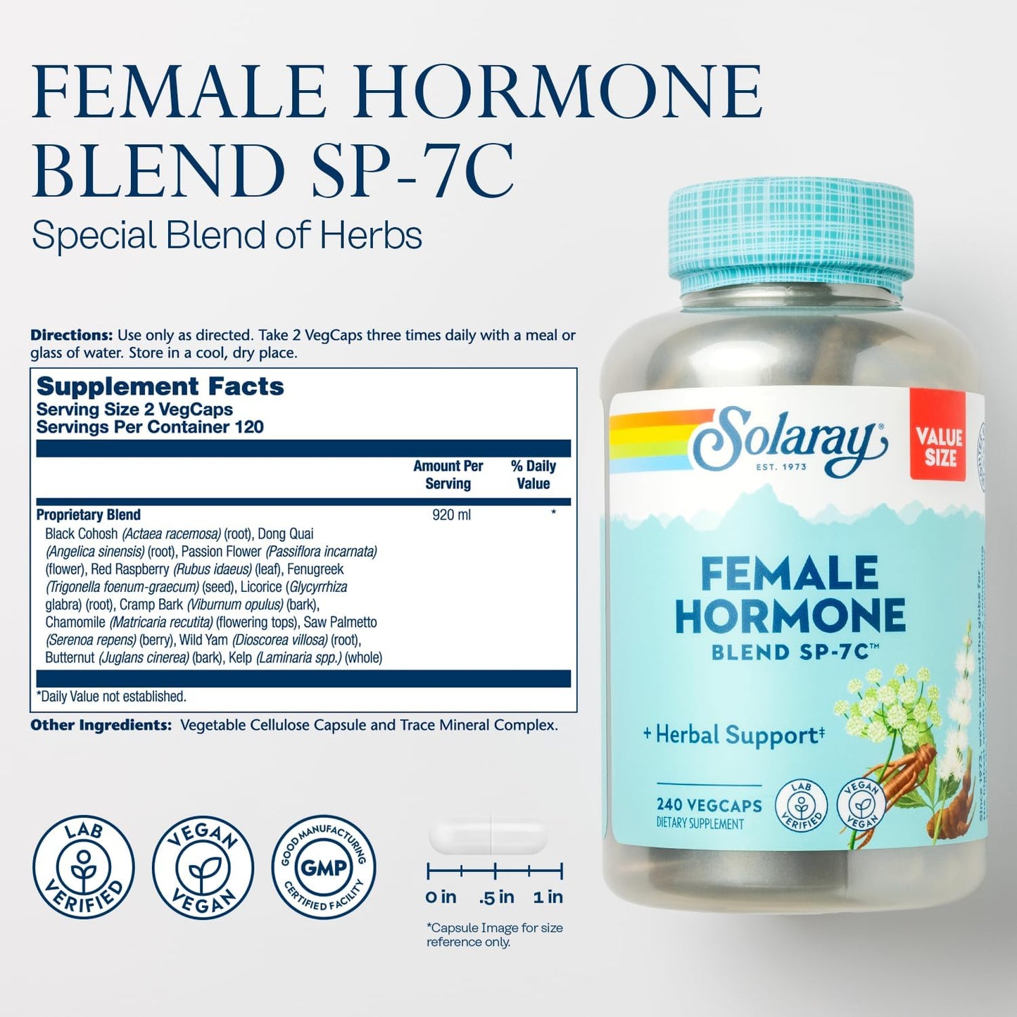 SOLARAY Female Hormone Blend SP-7C, Herbal Support Hormonal Balance for Women with Black Cohosh, Dong Quai, Wild Yam, and More, Vegan, Lab Verified, 60-Day Guarantee, 120 Servings, 240 VegCaps