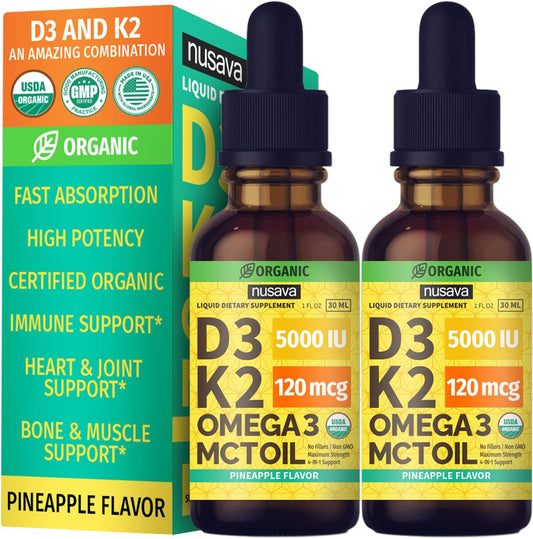 (2 Pack) Organic Vitamin D3 K2 Drops with MCT Oil Omega 3, Maximum Strength Vitamin D Liquid 5000 IU, No Fillers, Non-GMO Liquid D3 for Faster Absorption and Immune Support (Pineapple, 2 Fl Oz)