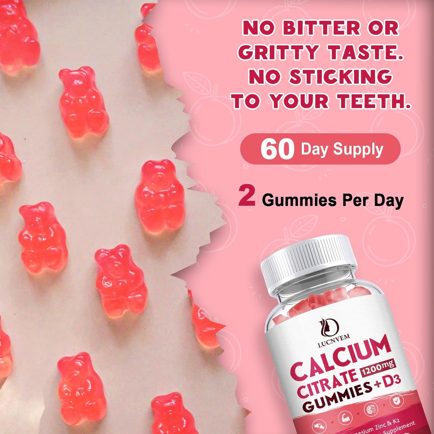 (2 Pack) Calcium Citrate 1200mg with Vitamin D3 Supplements Gummies for Women & Men, Calcium Gummies with Vitamin D3 K2, High Absorption for Bone Muscle Healthy- Peach Flavor- 60 Day Supply