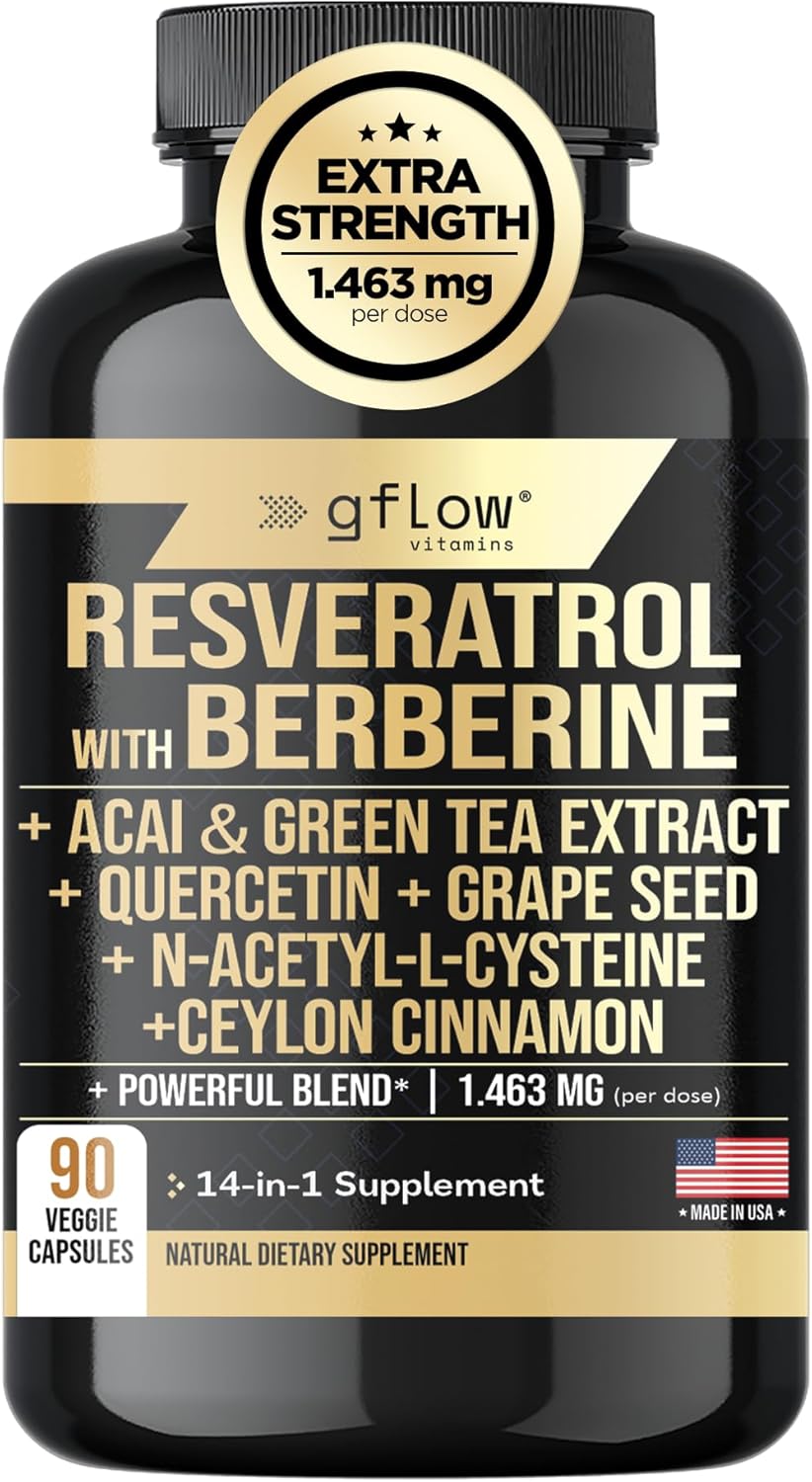 Resveratrol Supplement - 6000mg Max Strength with Berberine 3000mg Ceylon Cinnamon 1000mg Quercetin 2000mg, n Acetyl cysteine, Green Tea Extract, Acai - 14-in-1 Complex, 100% Natural
