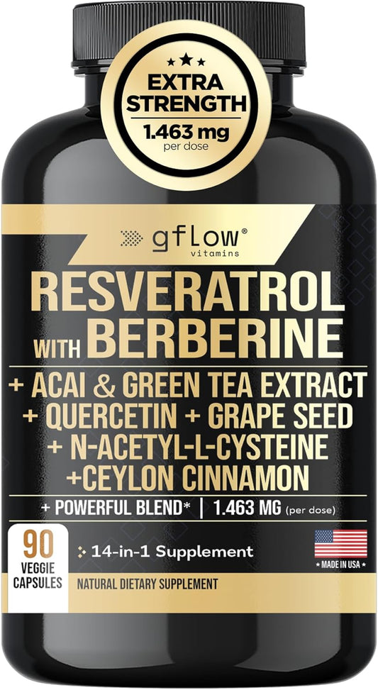 Resveratrol Supplement - 6000mg Max Strength with Berberine 3000mg Ceylon Cinnamon 1000mg Quercetin 2000mg, n Acetyl cysteine, Green Tea Extract, Acai - 14-in-1 Complex, 100% Natural