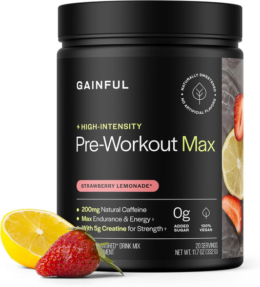 Gainful High Intensity Pre Workout Powder with 200mg Caffeine, 5g Creatine, Strawberry Lemonade Flavor, Supports Energy, Strength, Endurance, & Recovery, BCAAs, Beta Alanine, L-Citrulline, 20 Servings