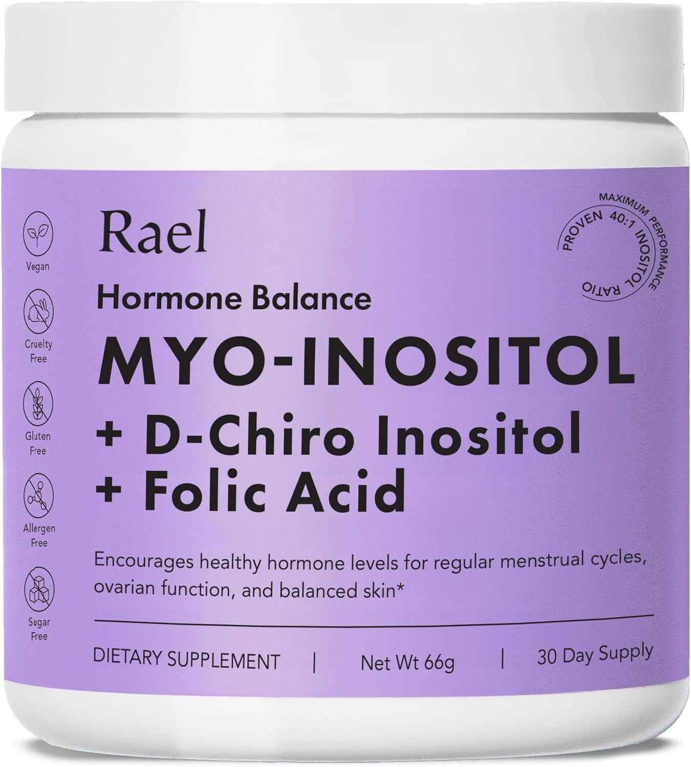 Rael Hormone Balance for Women, Inositol Powder Supplement - Ovarian Function Support, Vitamin B8, 40:1 Proven Ratio, Folic Acid, Vegan (30 Servings)