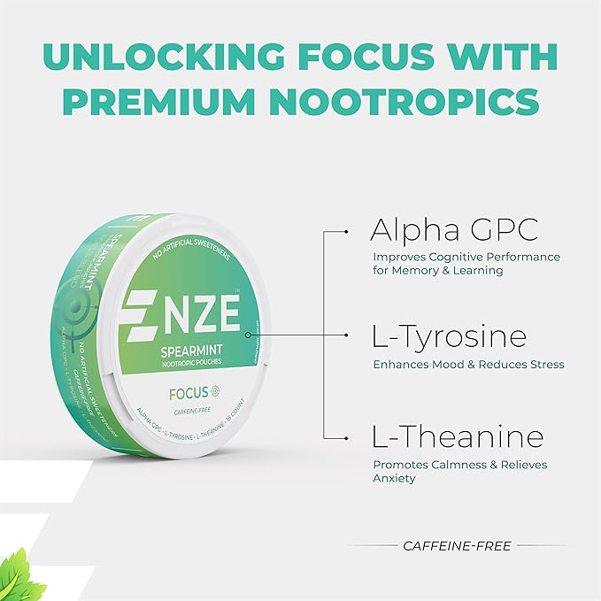 NZE Caffeine Free Nootropic Pouches (Spearmint) - Nootropic Pouches with Alpha GPC, L-Tyrosine & L-Theanine - No Sugar or Artificial Sweeteners - 15 Nicotine Free Pouches Per Can - 5 Pack