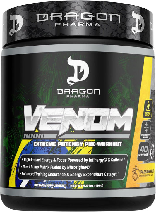 DRAGON PHARMA Venom Extreme Potency Pre-Workout, Laser Sharp Focus + Energy, Intense Performance, Proven Ingredients for Enhanced Vasodilation & Endurance (40 Servings, Passion Fruit)
