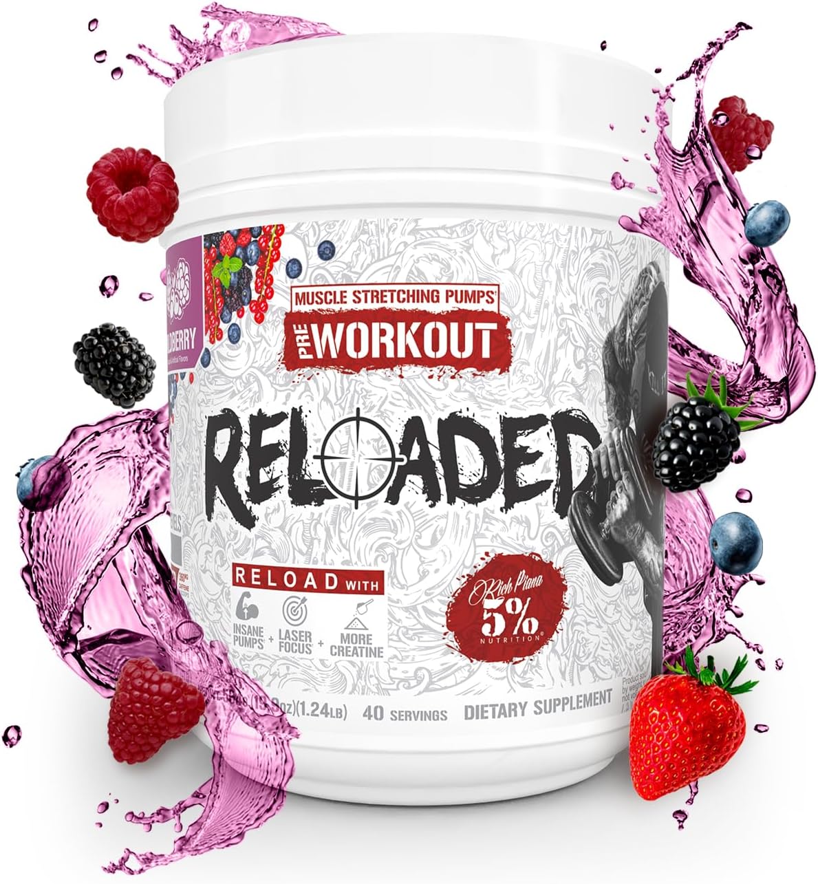 5% Nutrition Reloaded High Stim Pre-Workout | Ultra Energy, Focus, Pumps, Power & Endurance | Citrulline, HydroPrime Glycerol, Nitrosigine, Creatine, Choline, Huperzine A (Wildberry)