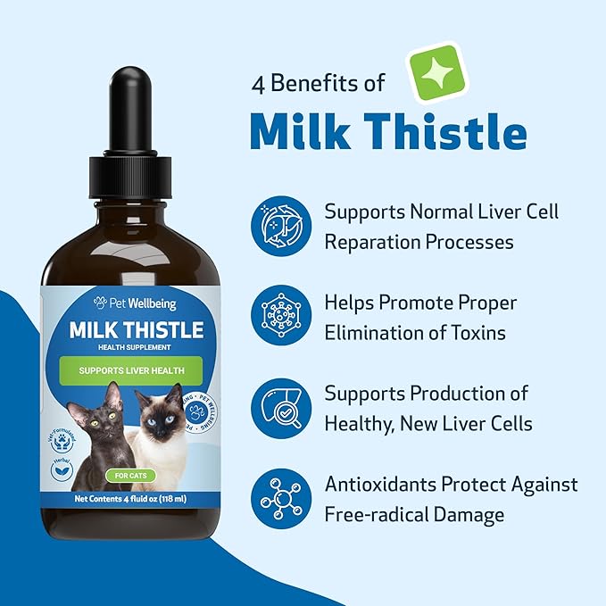 Pet Wellbeing Milk Thistle for Cats - Organic Herb, Milk Thistle Liver Detox Support, Antioxidants - NASC Certified & Vet-Formulated - 4 oz Liquid