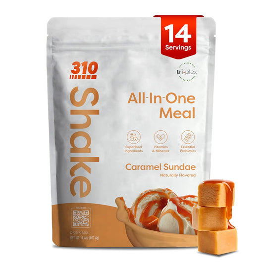 310 Nutrition All-In-One Meal Replacement Shake Powder - Plant-Based Protein Smoothie Blend w/High Fiber, Probiotics & Adaptogens - Low Carb, Vegan, Keto & Paleo Friendly - Caramel Sundae - 14 Srv