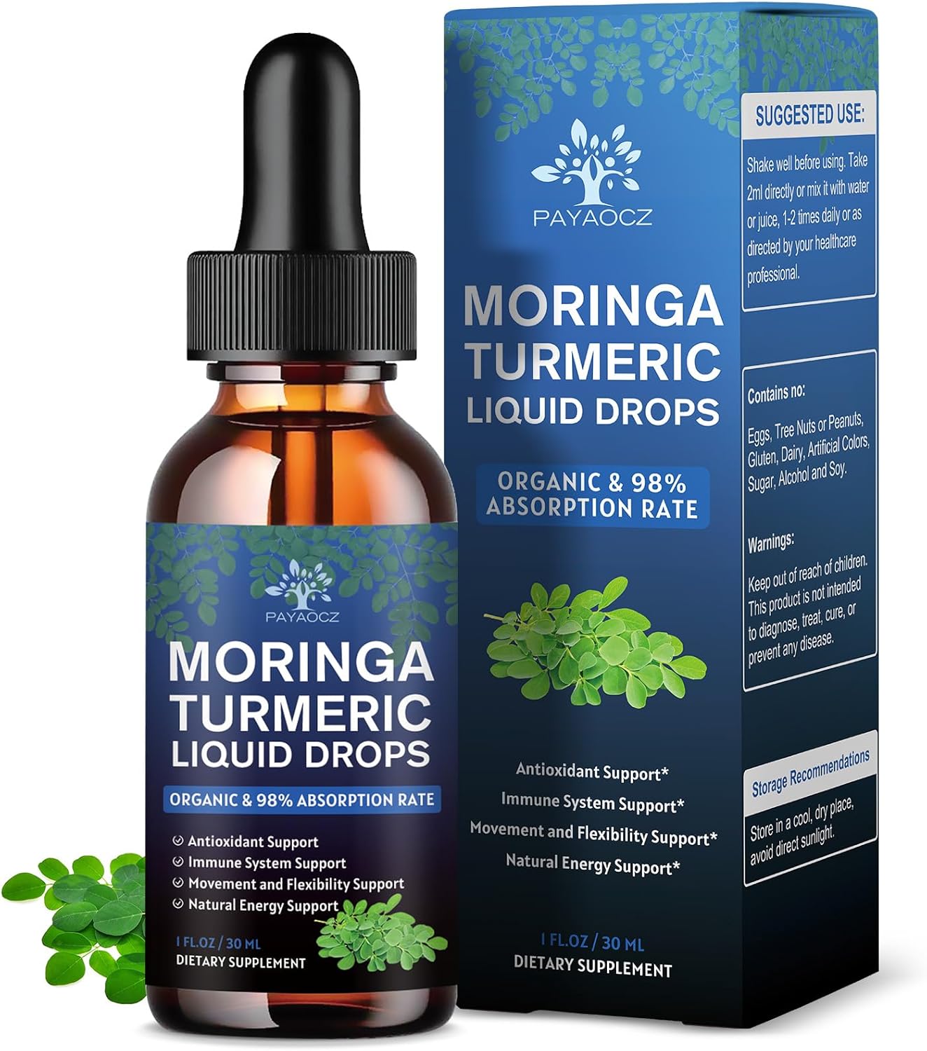 (2 Pack) Organic Moringa Leaf Extract Liquid Drops Supplement 1000mg with Turmeric and Black Pepper for Energy, Antioxidant and Skin, Green Superfood Supplement for Women Men, Vegan, 1 Fl Oz