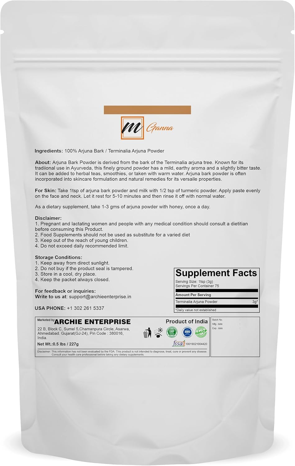 100% Natural Arjuna/Terminalia Arjuna Powder 0.5 LBS / 227 GMS for Health and Skin Care