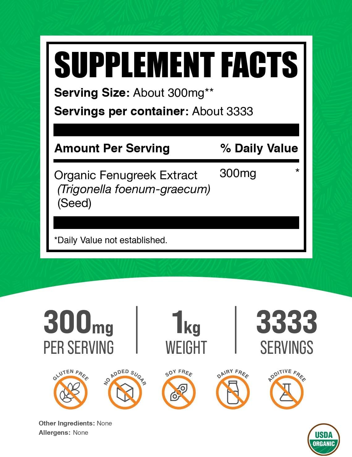 BulkSupplements.com Organic Fenugreek Extract Powder - Herbal Supplement, from Fenugreek Seeds - Gluten Free, 300mg per Serving, 1kg (2.2 lbs) (Pack of 1)