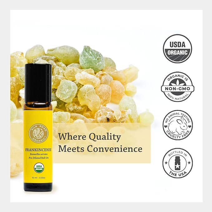 Silk Road Organic Frankincense Serrata Essential Oil Roll on, USDA Certified, Deep Relief of Body Aches & Discomfort - 10 ml Aromatherapy Roller