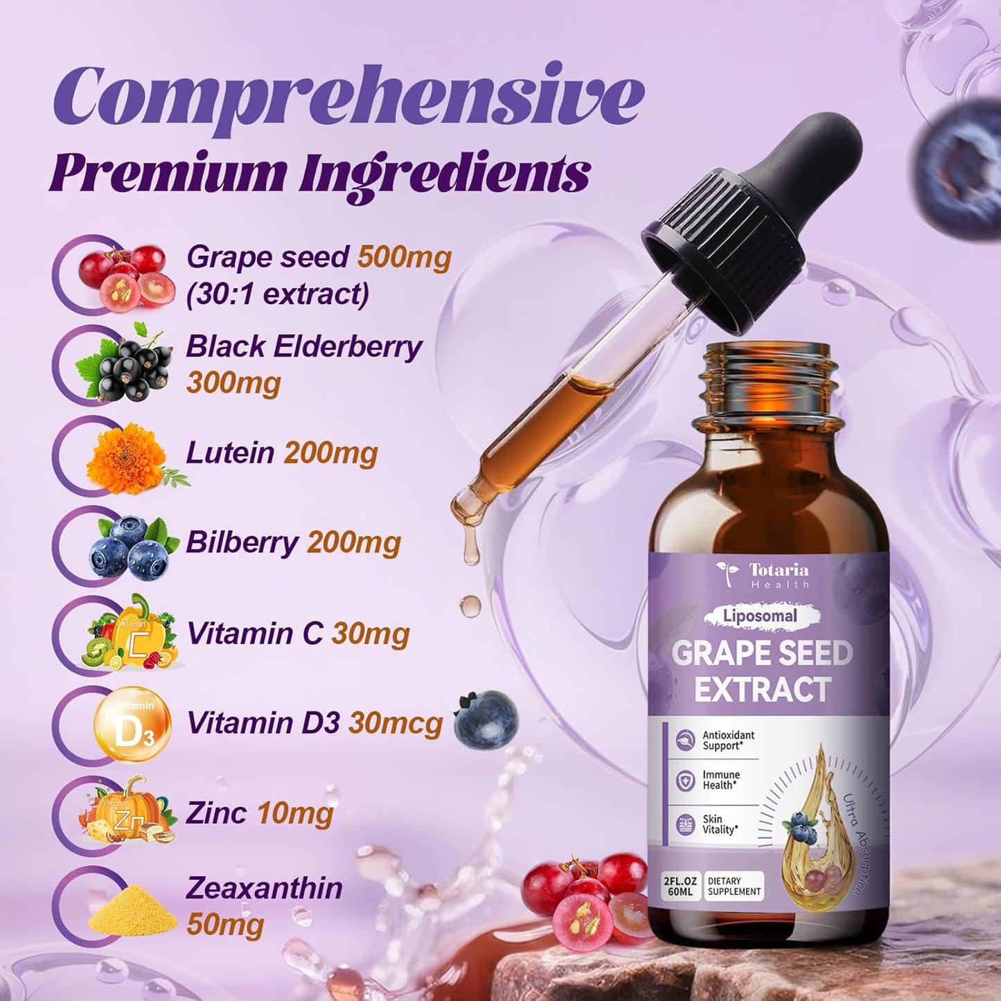 2 Pack Grape Seed Extract Liquid Drops | High Potency 95% Polyphenols Antioxidant Supplement for Skin, Heart & Immune Support | Vegan, Gluten Free | Alcohol-Free & Non-GMO | 4FL