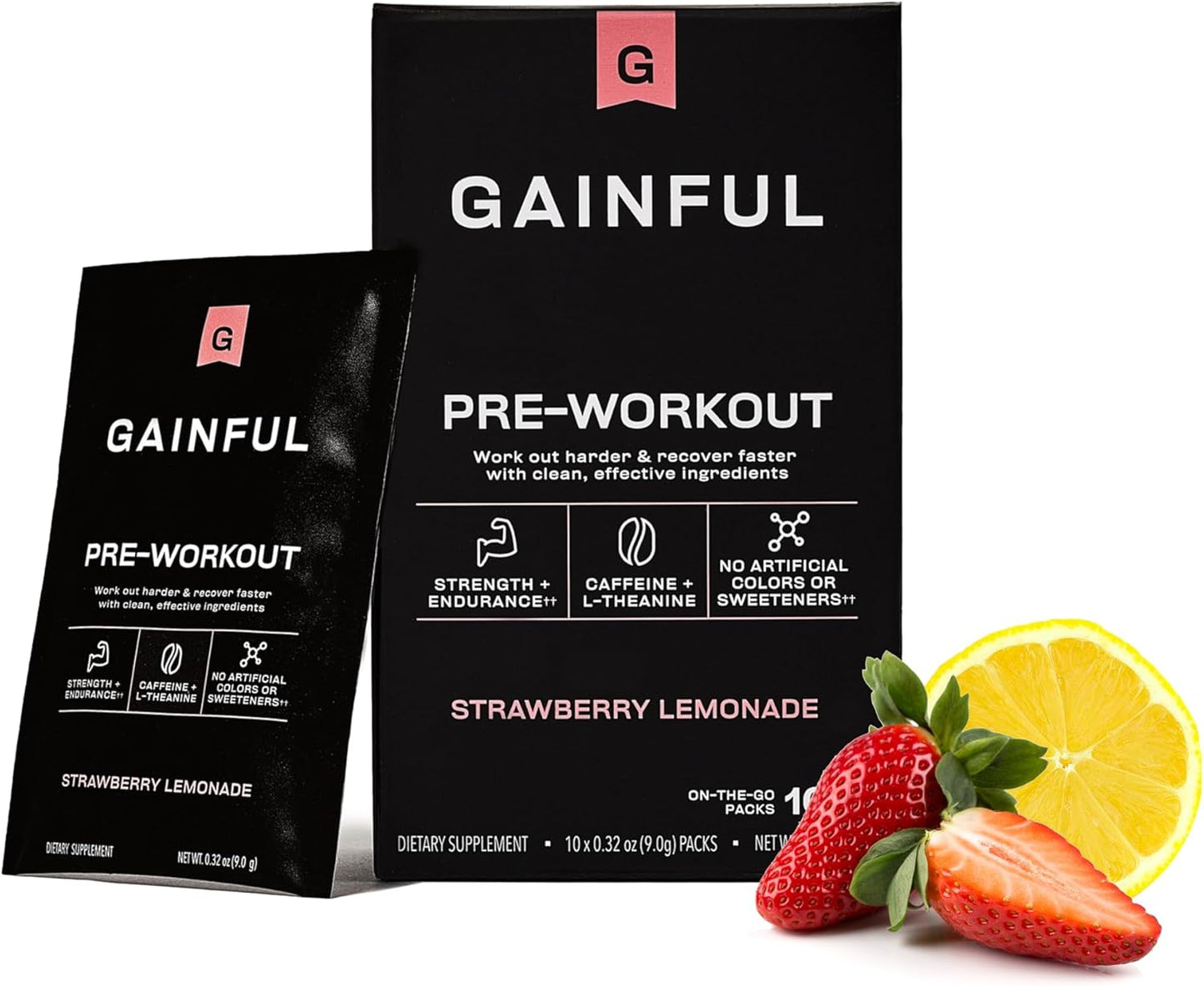 Gainful Pre Workout Powder with Natural Caffeine & L Theanine for Energy & Focus, L Citrulline & Beta Alanine for Endurance, BCAA's for Muscle Recovery, Vegan, Strawberry Lemonade, 10 Ct